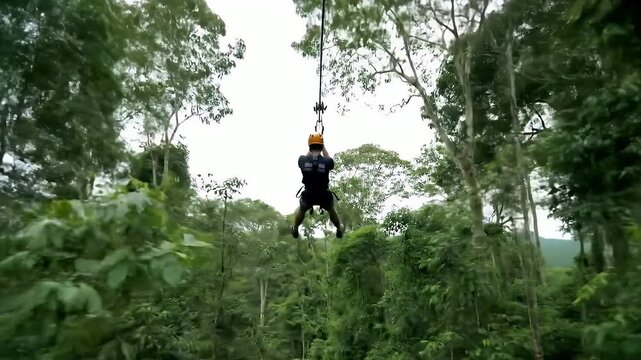 Ziplining Adventure Through Lush Green Forest Man Soaring Through Trees Wearing Black Shirt And Orange Helmet Captures Thrill And Excitement Perfect For Travel Advertisements And Adventure Blogs