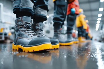 Fototapeta premium Manufacturing workers' safety with steel-toed boots and gloves on slippery factory floors, showcasing the importance of hazard awareness and safety protocols.