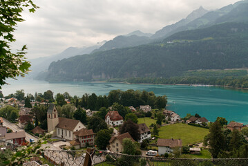 View of Lake Walen, Switzerland, Swiss Alps, Canton St. Gallen, Chatzenberg, summer 2025. Trees,...
