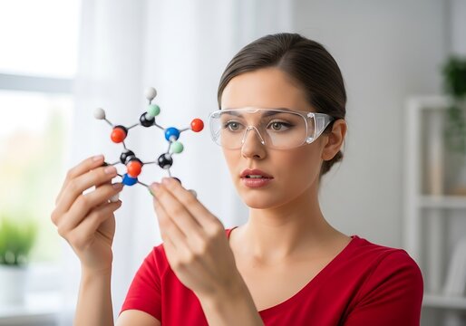 Woman Examining Molecular Model in Home Laboratory Setting.