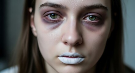 Eerie Conceptual Portrait of Young Woman with Pale Skin Intense Green Eyes Dark Undereyes and White Lips.