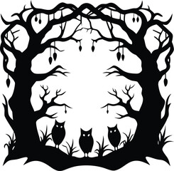 Silhouette of trees and owls isolated on white background for a spooky halloween or autumn themed decoration