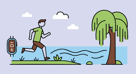 Coastal Jogging Man Running by the Ocean with Smartwatch