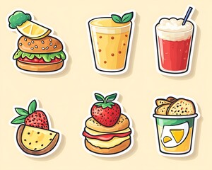 Detailed vector food icons in sticker style with soft drop shadows, bold lines.