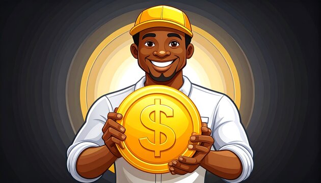 Happy man holding a large gold coin.