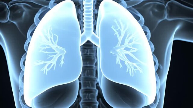 Macro tracking through a transparent torso as the diaphragm contracts and expands, filling the lungs with softly glowing air