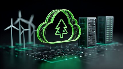 The environmental benefits of cloud computing are displayed through green energy icons and sleek data centers, showcasing how technology and sustainability can merge for a brighter future.