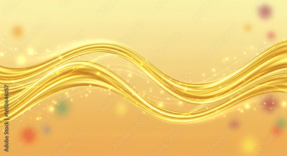 Poster abstract golden fluid waves with glowing particles on soft gradient background