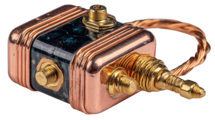 Close-Up of Vintage Electrical Component with Gold Connectors and Copper Finish on Isolated Background