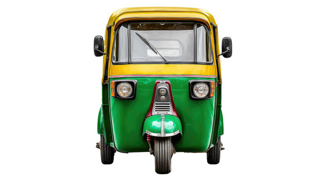 Colorful auto rickshaw with green and yellow design parked isolated on a white background for urban transportation imagery