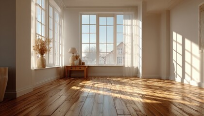 Obraz premium Sunlit Minimalist Living Room With Natural Wood Floors And Large Windows