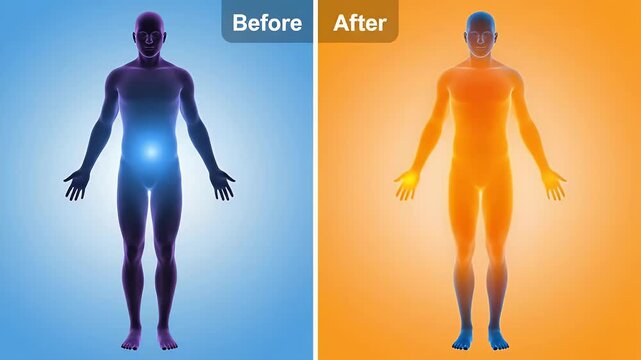 Split-screen medical animation shows a thermal body scan shifting from cool blues to warm oranges after a cold plunge session