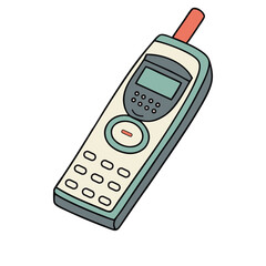 detailed, retro-styled, old-fashioned, cellular phone, digital display, button-based interface, vintage technology, electronic device, telecommunication, nostalgic, hand-drawn, cartoon-like illustrati