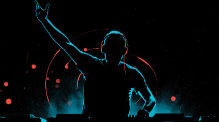 Male DJ silhouette with headphones raising one arm behind mixing booth, glowing cyan and red swirls on black background, dramatic backlight