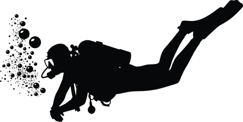 Silhouette of scuba diver underwater with bubbles, diving adventure, ocean exploration, diving gear