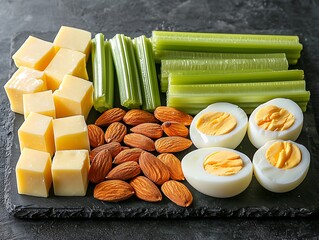 Flat lay of keto-friendly snack arrangement with almonds