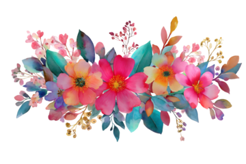 Colorful Watercolor Floral Swag with Pink, Orange, and Blue Hues flowers