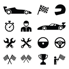 Collection of formula 1 racing icons and symbols in black silhouette