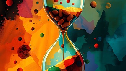 Abstract hourglass with organic textures and vibrant colors, representing biological time rhythms.
