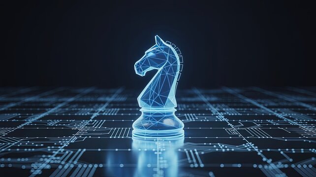 Digital Knight: An artistic digital rendering showcases a striking chess knight piece, bathed in a cool blue glow against a technological circuit board, representing strategy and intellectual prowess.