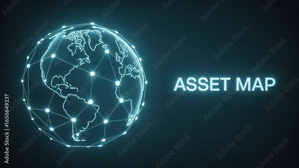 Poster Digital Asset Map: An illuminated digital globe showcases global networks and connections, emphasizing asset visualization with an evocative display of networking, data transfer.