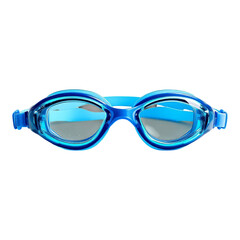 Pair of blue swimming goggles, transparent lenses, isolated on a white background
