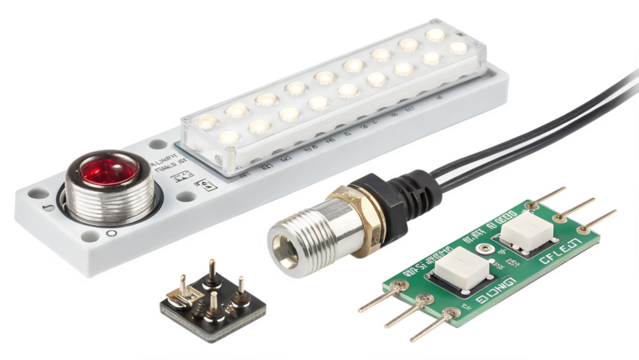 Electronic component with led light, connector, and circuit board isolated on transparent background