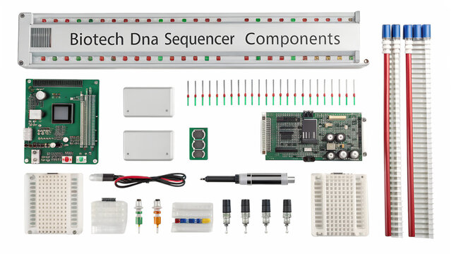 Biotechnology dna sequencer components, electronic circuit boards, and laboratory equipment isolated on transparent background - Powered by Adobe