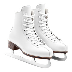 Pair of white ice skates, steel blades visible, isolated on a white background
