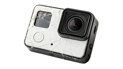 Broken action camera with cracked screen, isolated on transparent background