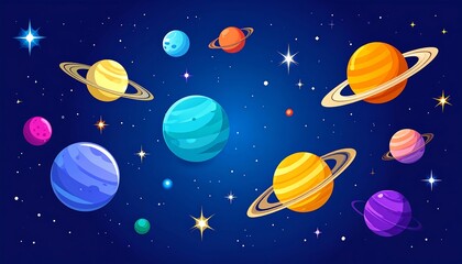 Colorful Cartoon Planets in Space Background.