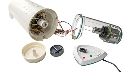 Naklejka premium Disassembled kitchen blender motor and components isolated on transparent background