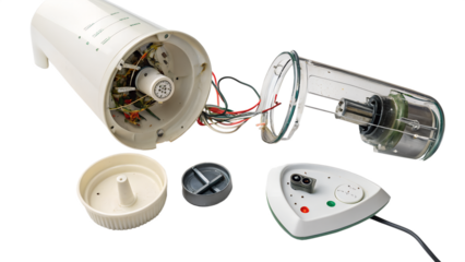 Disassembled kitchen blender motor and components isolated on transparent background