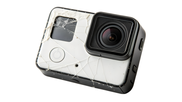 Broken action camera with cracked screen, isolated on transparent background