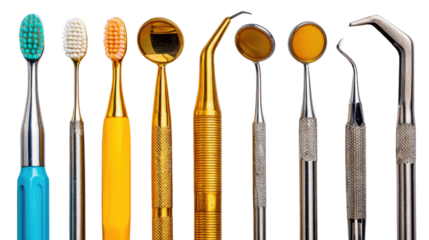 Variety of Dental Tools and Instruments for Oral Health and Hygiene Procedures Displayed on White Background