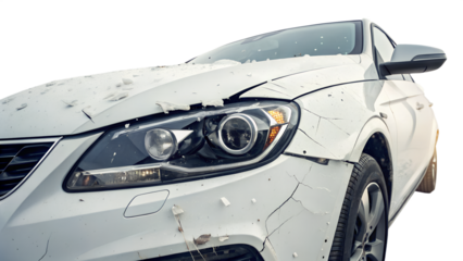 Damaged white car with broken headlight and dented hood isolated on transparent background