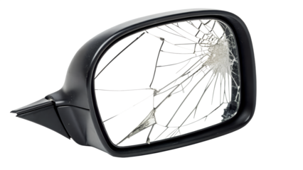 Broken car side mirror with cracked glass isolated on transparent background