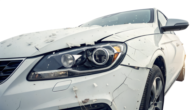 Damaged white car with broken headlight and dented hood isolated on transparent background