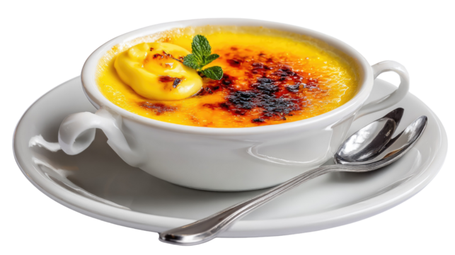 Creamy Vanilla Custard Dessert with Caramelized Sugar and Mint Garnish Served in Elegant White Dish