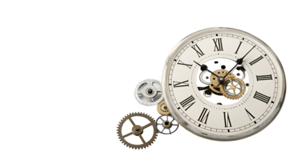 Vintage clock face with exposed gears and cogs, isolated on transparent background, symbolizing time and mechanical engineering
