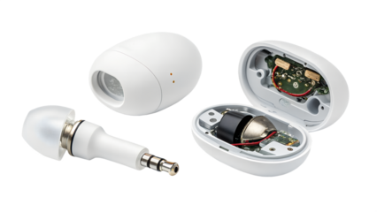 White wireless earphone and charging case with internal electronic components, circuit board, speaker, and microphone, isolated on transparent background