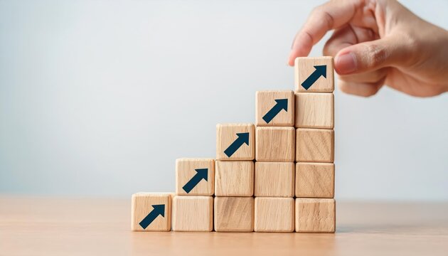 Stacking Wooden Blocks as Steps with Arrow Up &ndash; Ladder to Success Idea