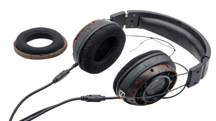 Broken headphones with detached earpad isolated on transparent background