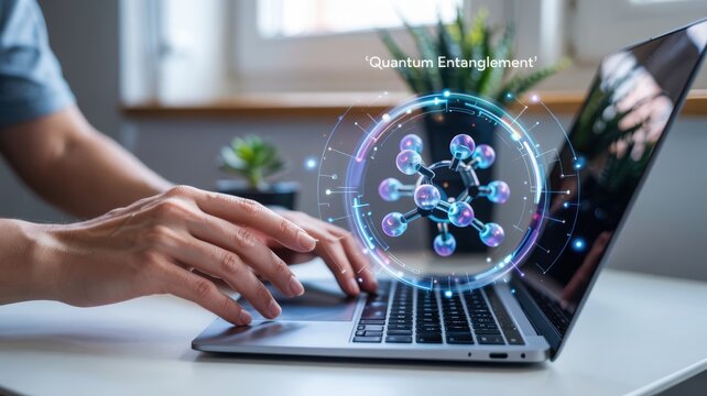 Person typing on laptop with quantum entanglement hologram and scientific research