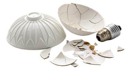 Shattered ceramic light bulb and shade isolated on transparent background
