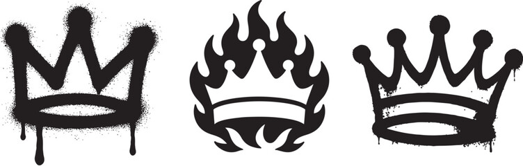 Set of graffiti spray painted crowns. Black brush paint king crown isolated on white background. Hand drawn street art vector illustration. Grunge airbrush drawing, inky elements with splashes. © canvas
