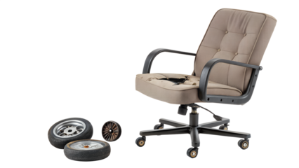 Damaged office chair with missing and worn wheels isolated on transparent background