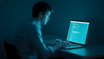 A person is intently working on a laptop in a dimly lit room, focusing on code displayed on the screen.