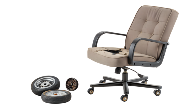 Damaged office chair with missing and worn wheels isolated on transparent background