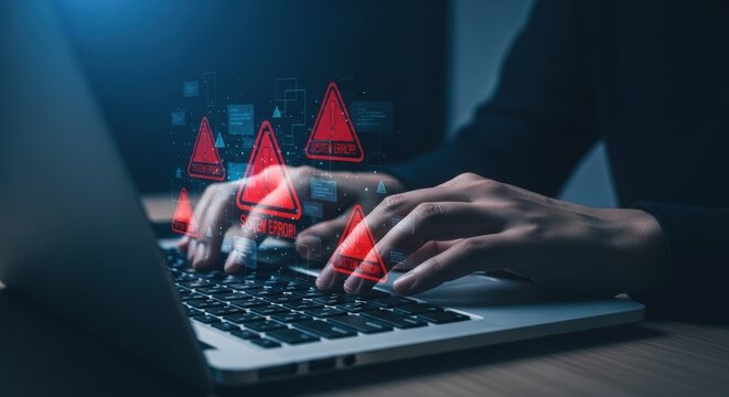 Cybersecurity threat alert with red warning icons over person typing on laptop keyboard